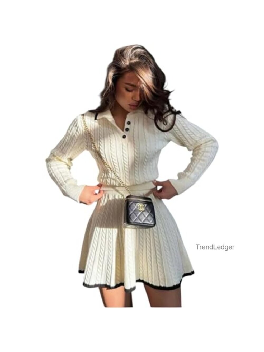 Women's Two-Piece Cable Knit Sweater and Skirt Set, Long Sleeve Collared Top